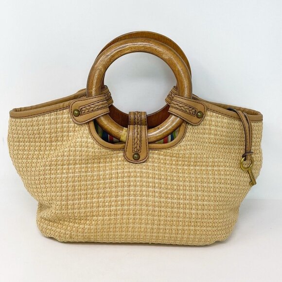 Vintage Fossil Tan Woven Straw Wood Handles Small Satchel Tote Bag Y2K 90’s Boho - Picture 1 of 10